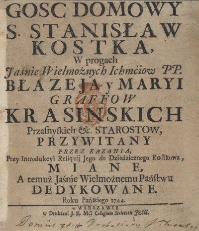 Karta tytułowa kazań wydanych z okazji introdukcji relikwii św. Stanisława Kostki do Rostkowa. 
