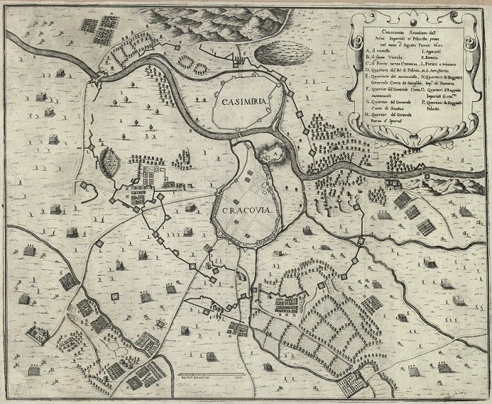 Rycina z mapą Krakowa. Przedstawia oblężenie tego miasta przez wojska polskie i cesarskie w 1657 roku. To rycina według rysunku Isidoro Affaitatiego, między 1670 a 1674.