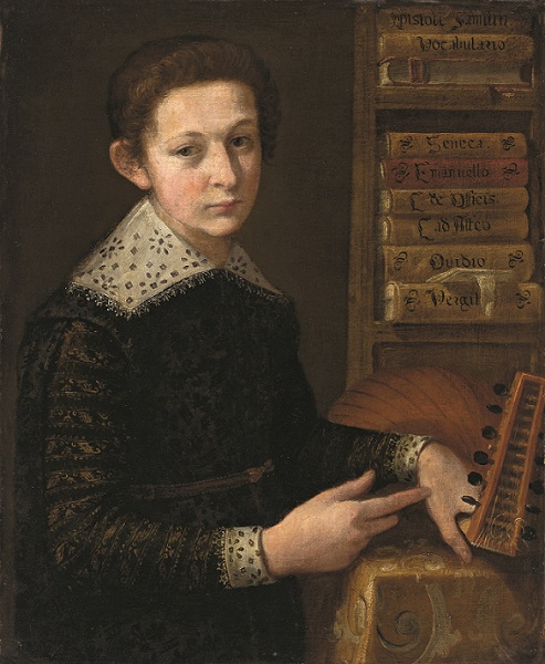 Portret malarski. Przedstawia chłopca we wnętrzu. Ubrany jest w czarny strój z białym, wyszywanym kołnierzem i podobnymi mankietami. Chłopiec opiera swoje ręce na stole na którym leży instrument  muzyczny. Na ścianie, w głębi regał z książkami. Jest to portret Tomasza Zamoyskiego.
