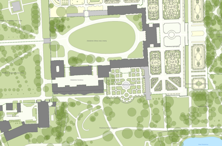 Mapa prezentuje budowle oraz rzeźby ogrodowe znajdujące się w parku, a także drzewa, krzewy, partery ogrodowe i pomniki przyrody.
