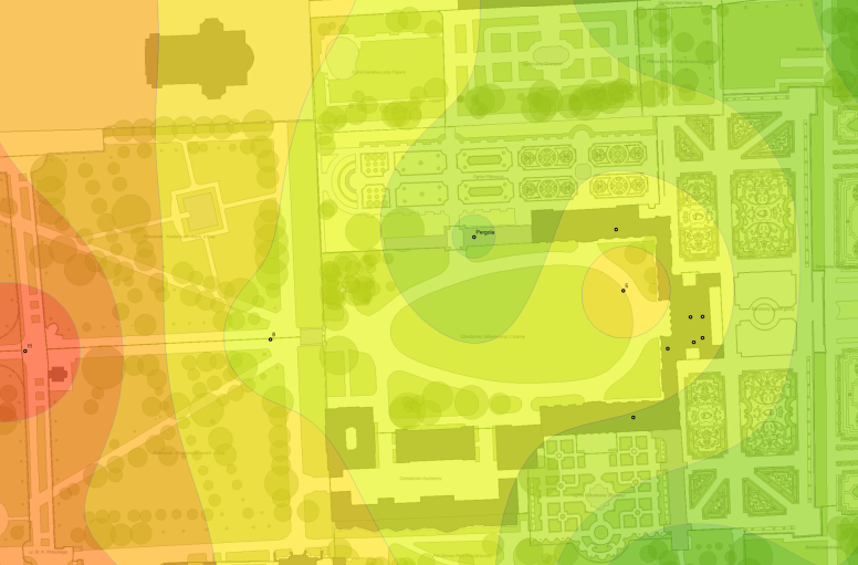 Kolorowa mapa w kolorze seledynowym i zielonym, która pokazuje pałac w Wilanowie z lotu ptaka.