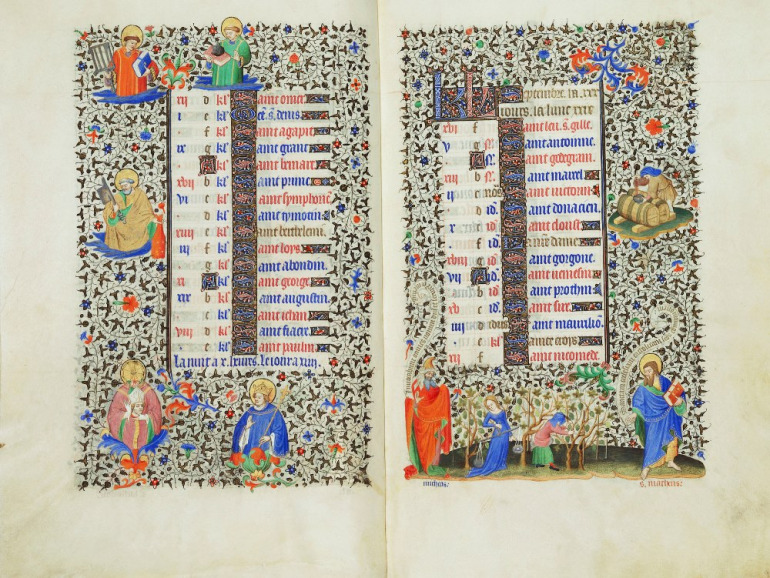 Karta z Godzinek Jana III Sobieskiego. Te bogato iluminowane godzinki powstały w XV wieku we Francji, w warsztacie Mistrza Godzinek Księcia Bedford. Ta cenna książka służąca do prywatnej dewocji należała w XVII wieku do Jana III Sobieskiego. Wraz z jego wnuczką, Marią Klementyną Sobieską, żoną Jakuba Stuarta, znalazła się na Wyspach. Dziś pozostaje w zbiorach brytyjskiej kolekcji królewskiej, stanowiąc ciekawe świadectwo europejskich koneksji rodu Sobieskich. 