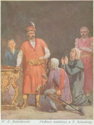 Reprodukcja w formie pocztówki. Przedstawia posłów wiedeńskich u króla Jana III Sobieskiego. Król stoi oparty o blat stołu. Ubrany w strój historyczny. Za nim mężczyzna w błękitnej sukmanie.  Przed Janem III Sobieskim klęczą dwaj mężczyźni - posłowie.
