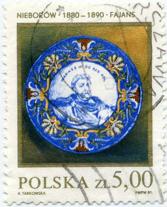 Znaczek pocztowy z przedstawieniem talerza z portretem króla Jana III Sobieskiego. Znaczek pocztowy z serii "Polska ceramika szlachetna" przedstawia przechowywany w zbiorach Muzeum w Nieborowie talerz z końca XIX wieku z przedstawieniem króla. Wydano go w nakładzie 7 205 000 egzemplarzy.