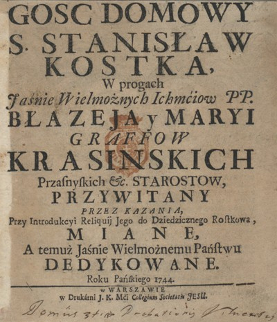 Karta tytułowa kazań wydanych z okazji introdukcji relikwii św. Stanisława Kostki do Rostkowa. 